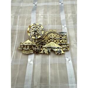 Vintage Gold Tone Amusement Park Brooch Carnival Ferris Wheel Roller Coaster Pin